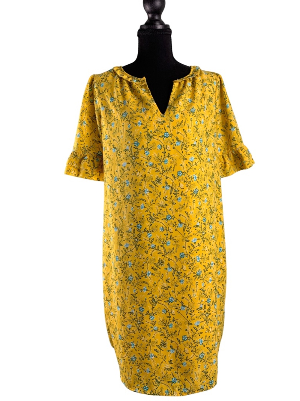 Kaari Blue Yellow Floral Midi Dress Ruffle Cuffs Women's M Bohemian